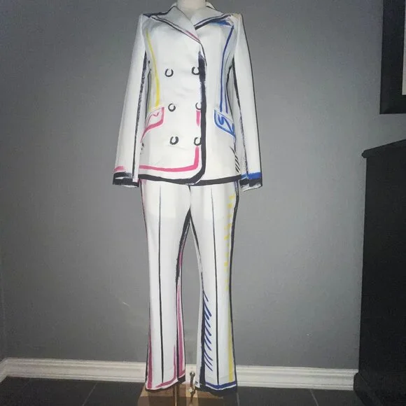 L'ATISTE COLOR ME BAD ARTSY PANTS SUIT GRAPHIC PAINTED CONTRASTING OUTLINE -  S - Picture 3 of 16